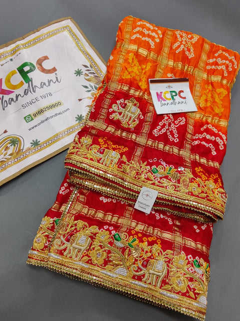 Kcpc Ethnic Trending Pure Gaji Silk Bandhani Jardozi Work Ghatchola Chunri Pila Odhna in Aara Tari Handwork Pila (Red Orange)