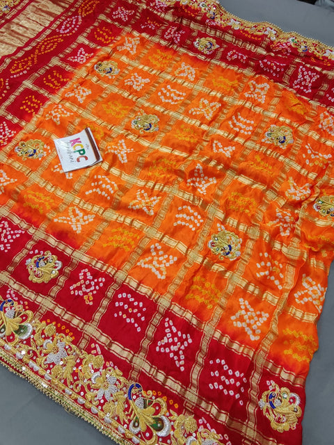 KcPc Mahajani Trending Pure Gaji Silk Bandhani Zardoji Ghatchola Chunri Pila Odhna (Red Orange)