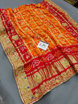 KcPc Trending Pure Gaji Silk Bandhani Jardozi Work Ghatchola Odhna in Aara Tari Handwork Pila (Red Orange)