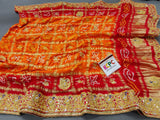 KcPc Trending Pure Gaji Silk Bandhani Jardozi Work Ghatchola Odhna in Aara Tari Handwork Pila (Red Orange)
