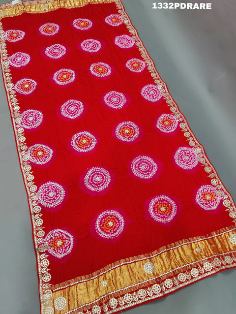 KcPc New Gaji silk Handmade Laddu Bandhej Beautiful Gota patti Work Dupatta RG