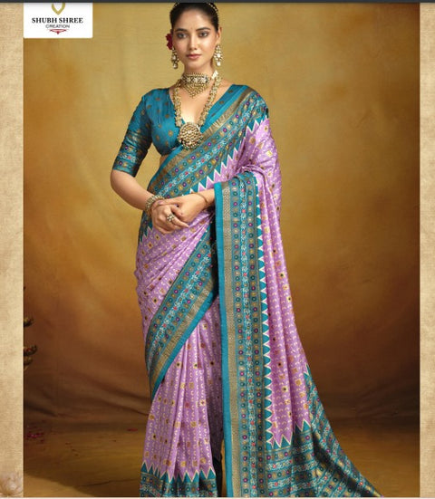 KcPc New trending Malai silk Patola Style With Hand print Work saree