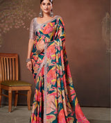 Amulticolored chiffon saree with a floral print