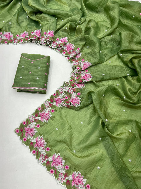 KcPc New special Crush tissue silk Bollywood Style with Kashida work saree VJT