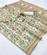 Pashmina Cotton Silk Kashmiri Style Party wear Saree in off white colour
