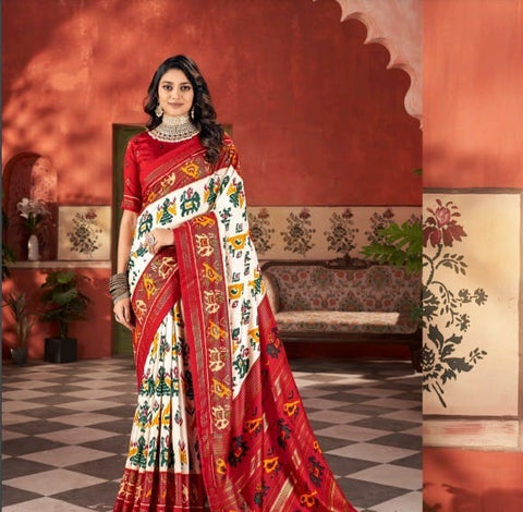 KcPc New Special  Malai silk Patola Style With Hand print Work saree