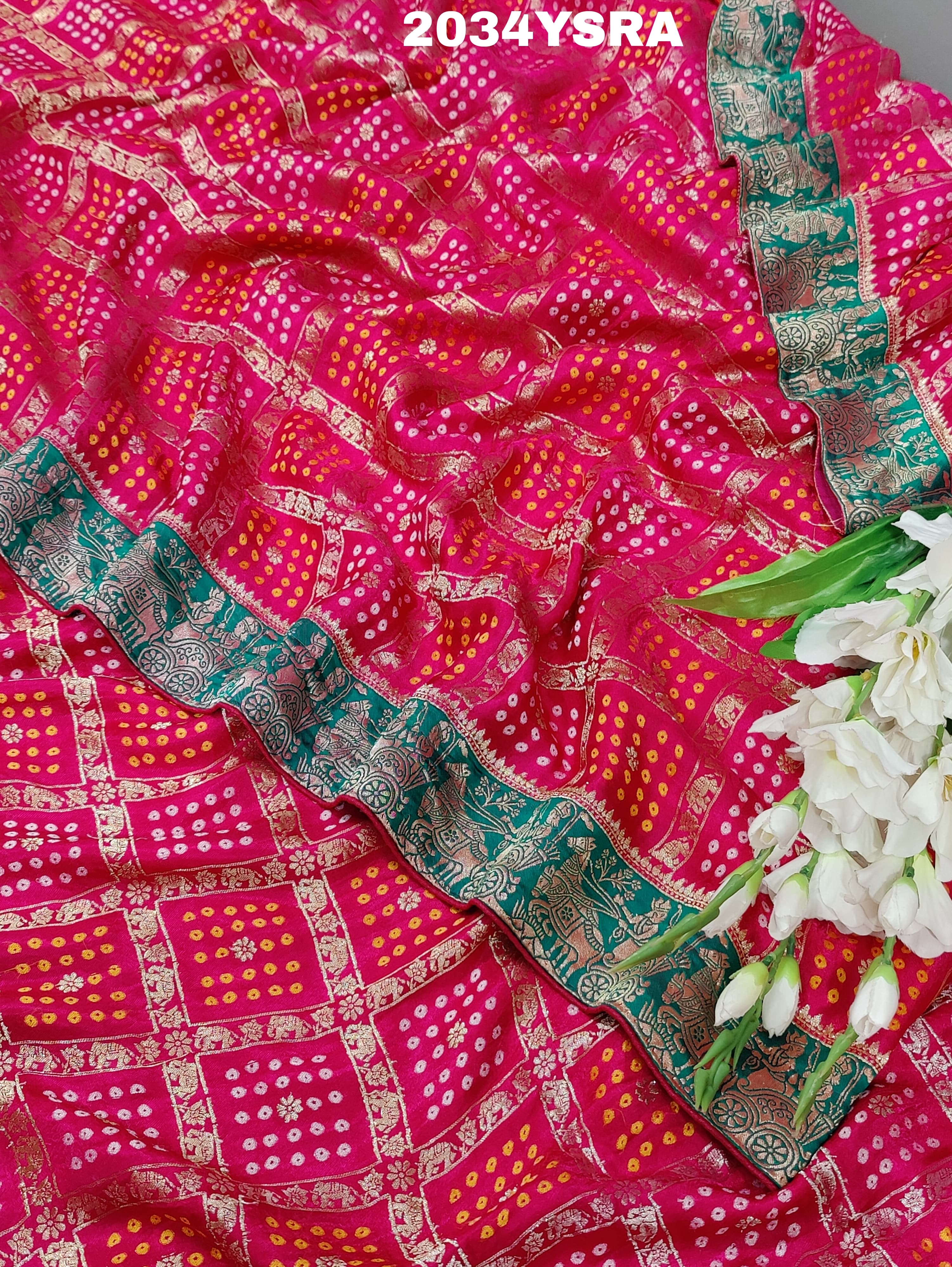 KcPc New Beautiful Gaji Silk Bandhani Style With Tifli Work Saree RG