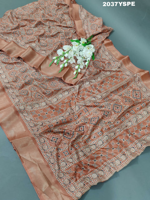 KcPc New Latest Cotton silk Ajrakh style With Ajrakh HandPrint Work Saree STL