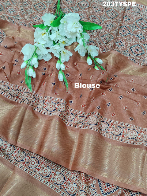 KcPc New Latest Cotton silk Ajrakh style With Ajrakh HandPrint Work Saree STL