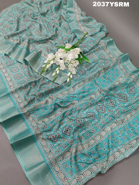 KcPc Spiceal Cotton silk Ajrakh style With Ajrakh HandPrint Work Saree STL