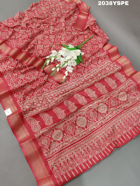 KcPc New Cotton silk Ajrakh style With Ajrakh HandPrint Work Saree STL