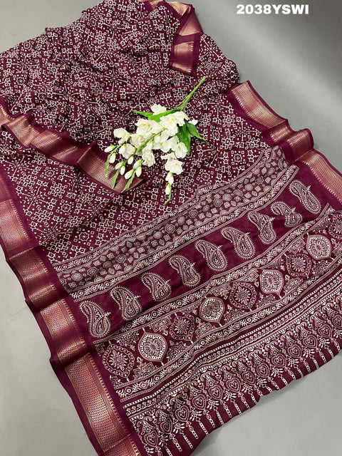 KcPc New Launched Cotton silk Ajrakh style With Ajrakh HandPrint Work Saree STL