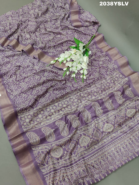 KcPc New Cotton silk Ajrakh style With Ajrakh HandPrint Work Saree STL