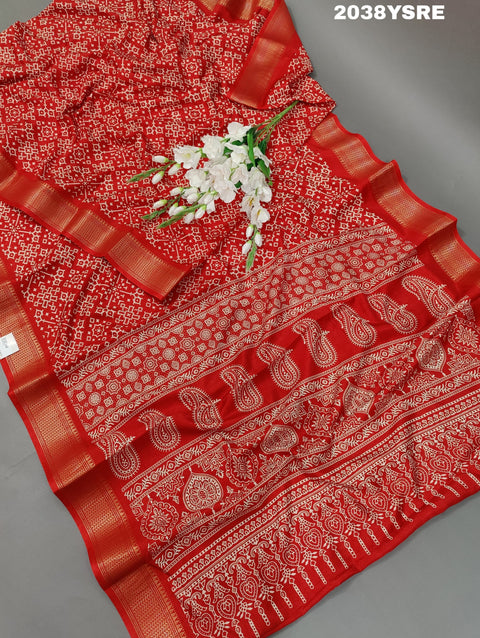 KcPc New latest Cotton silk Ajrakh style With Ajrakh HandPrint Work Saree STL