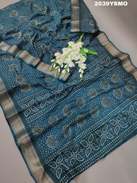 KcPc New pure Cotton silk Ajrakh style With Ajrakh HandPrint Work Saree STL