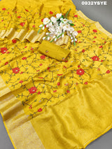 Munga Silk Embroidery Style With Karosiya Hand Work Saree in yellow colour