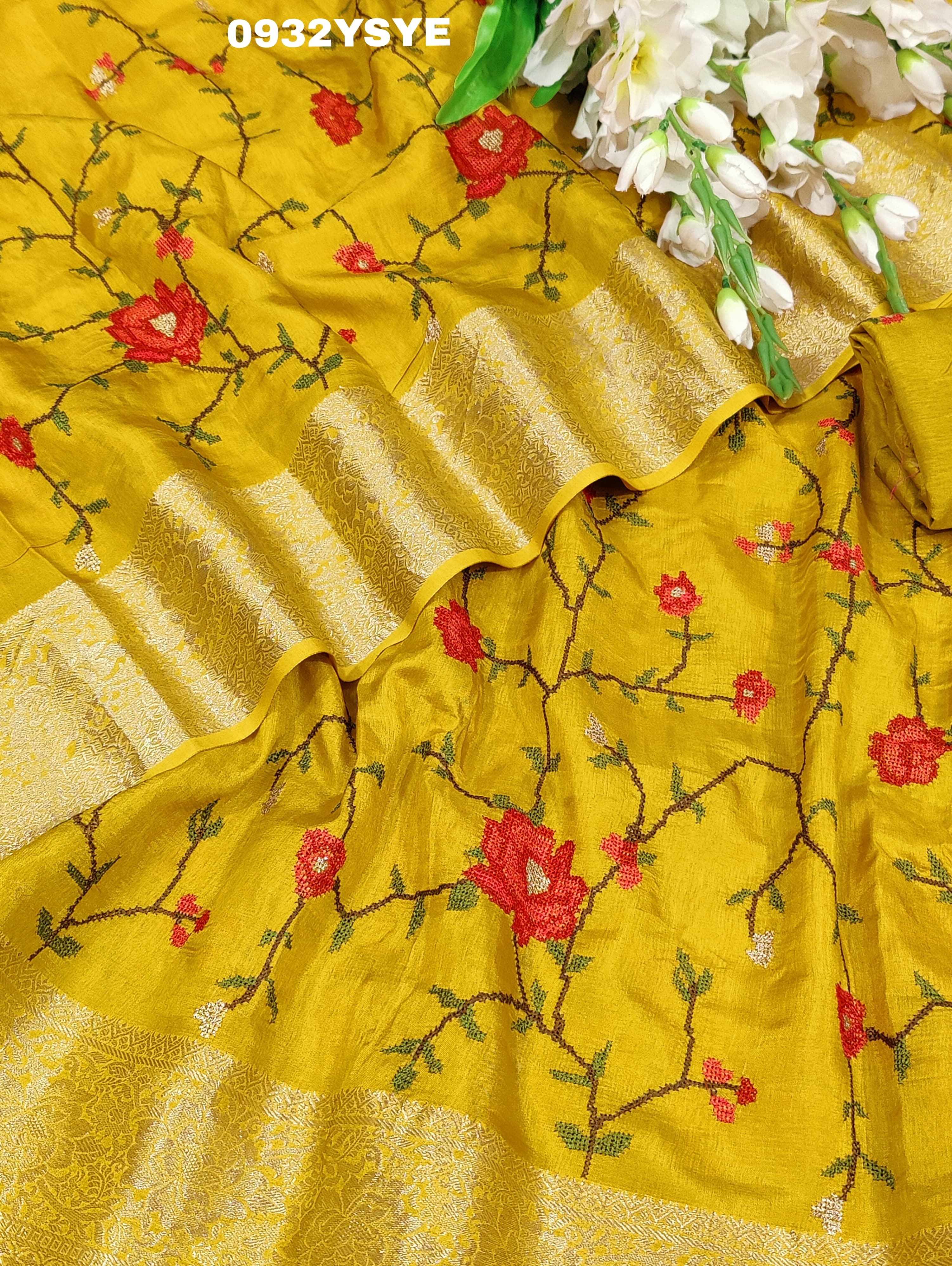  Munga Silk Embroidery Style With Karosiya Hand Work Saree in yellow colour