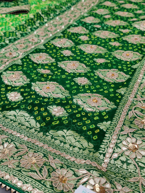  khadi Georgette cutdana Gota patti Handwork Bandhani saree in green colour