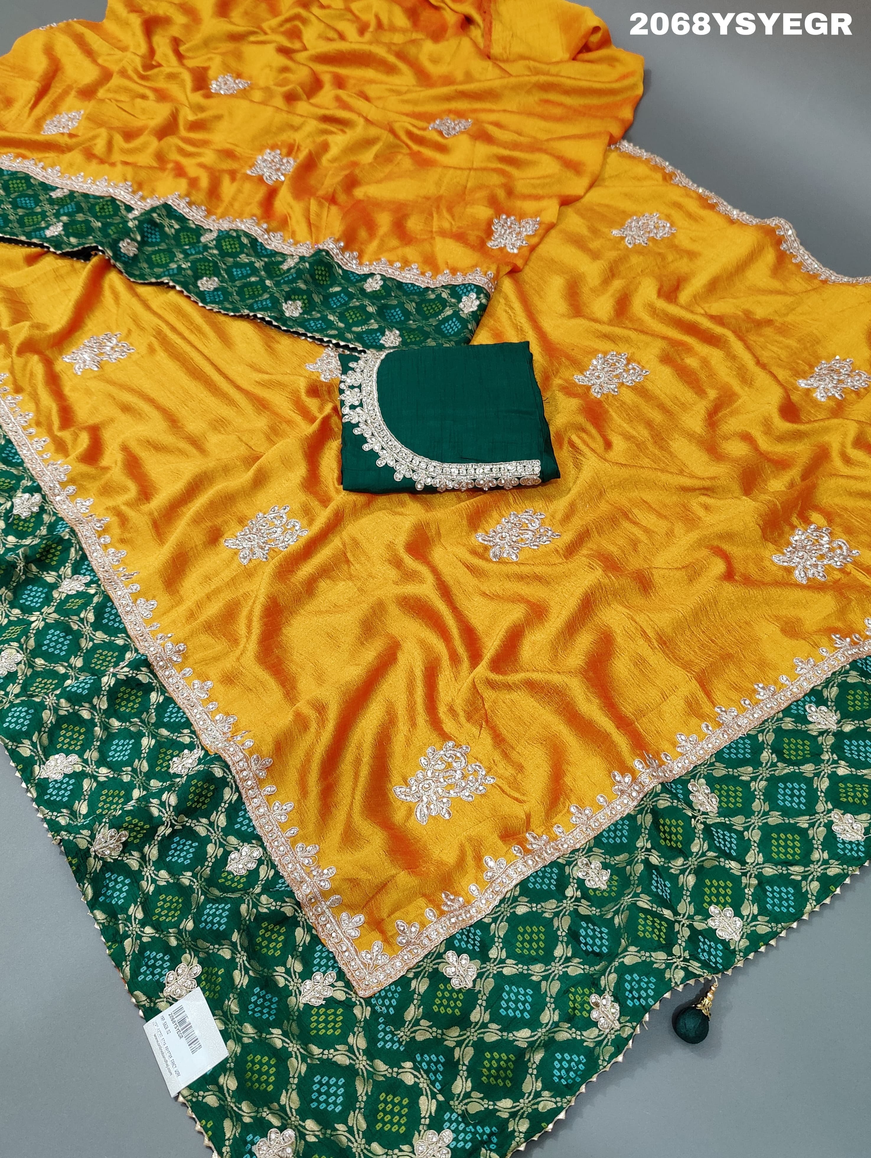  Silk Bandhani Style With Gota Patti Work Saree in yellow colour
