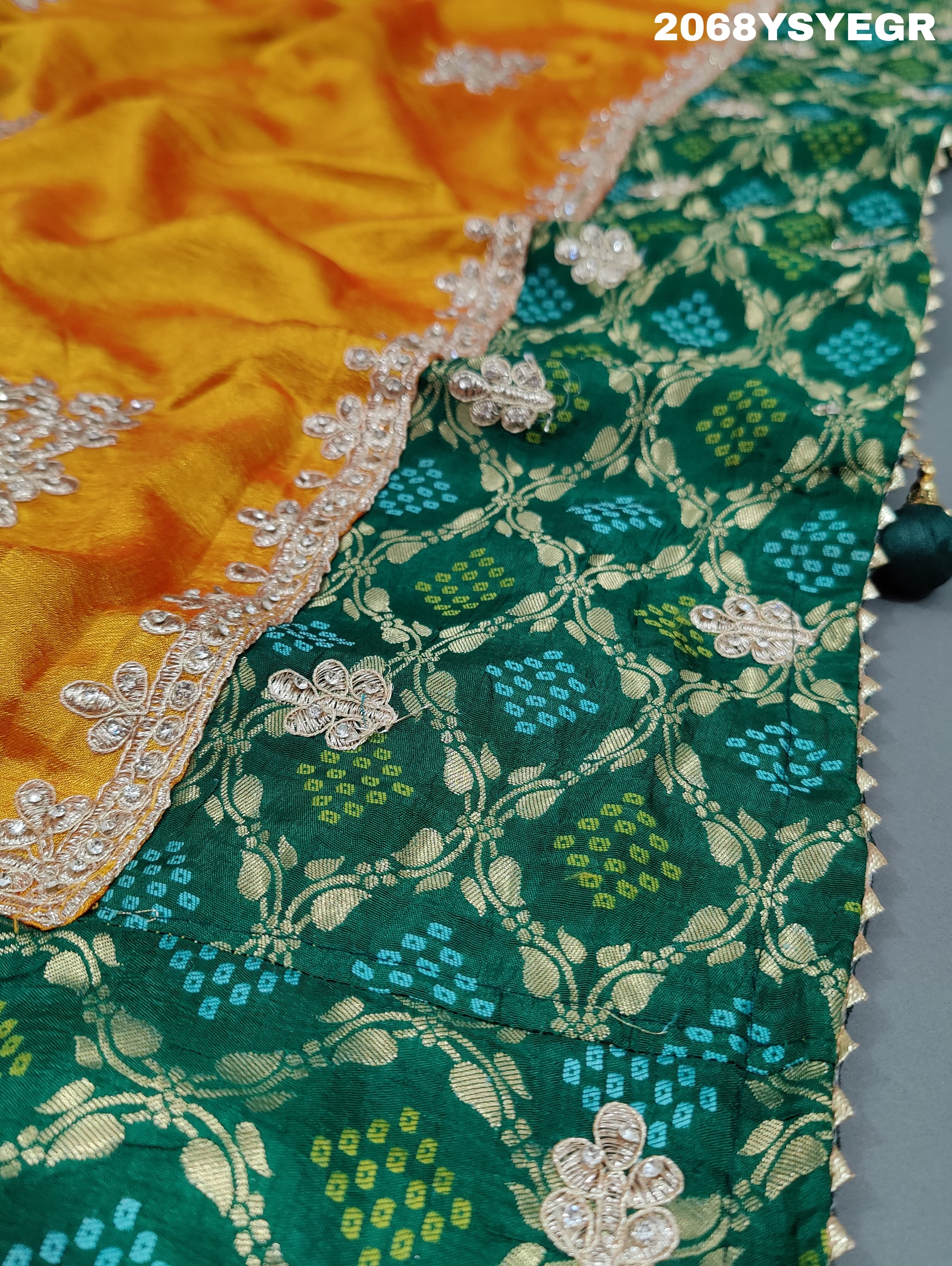  Silk Bandhani Style With Gota Patti Work Saree in yellow colour