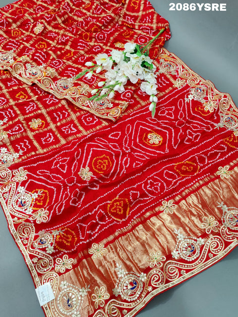 Gaji Silk Ghatchola Bandhej Style With Jaipuri Gotapatti Work Saree