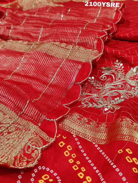 KcPc New Modal Gaji Silk Ghatchola Bandhej Style With Piten Gotapatti Work Saree AMT