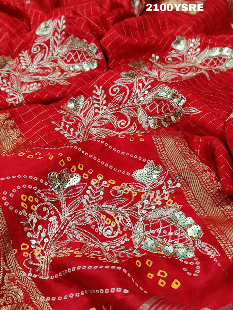 KcPc New Modal Gaji Silk Ghatchola Bandhej Style With Piten Gotapatti Work Saree AMT