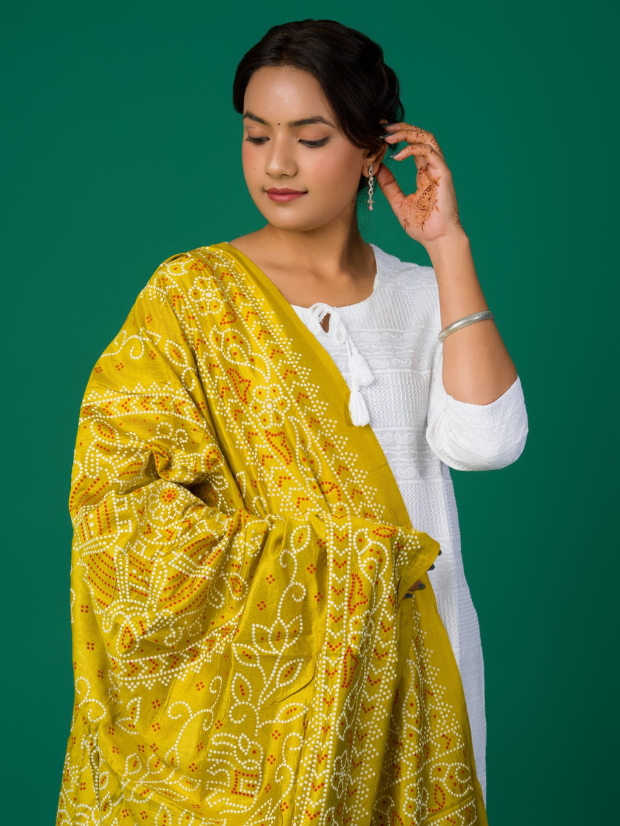 Kcpc New Cotton fabric Bandhani Style With Casual Wear Yellow Dupatta