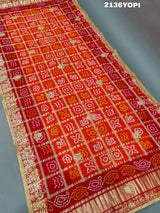 KcPc Trending Pure Gaji Silk Bandhani Jardoji Ghatchola Chunri Pila Odhna (Red Orange)