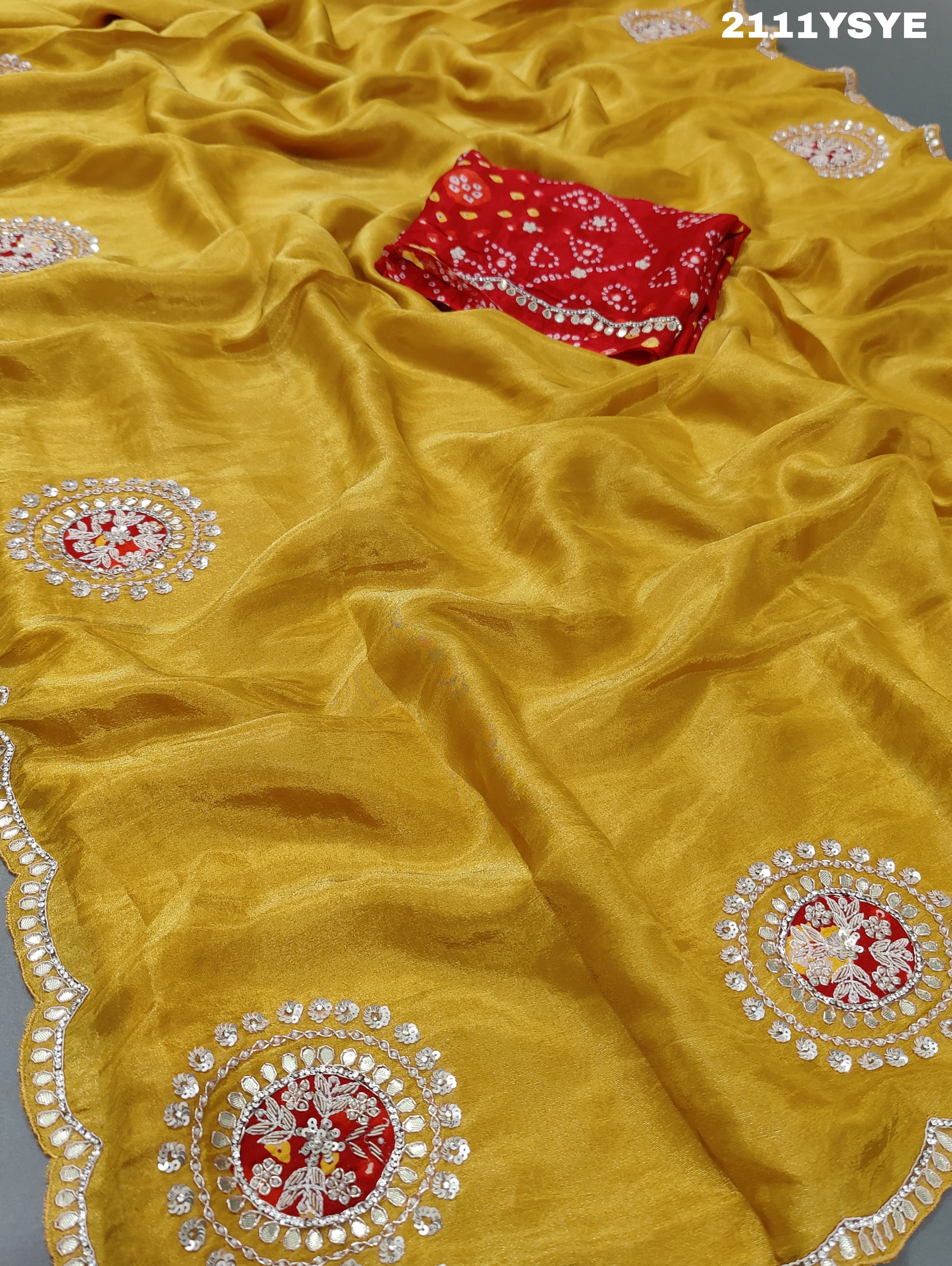  Dola Silk Gotapatti Work With Bollywood Style Saree in yellow colour