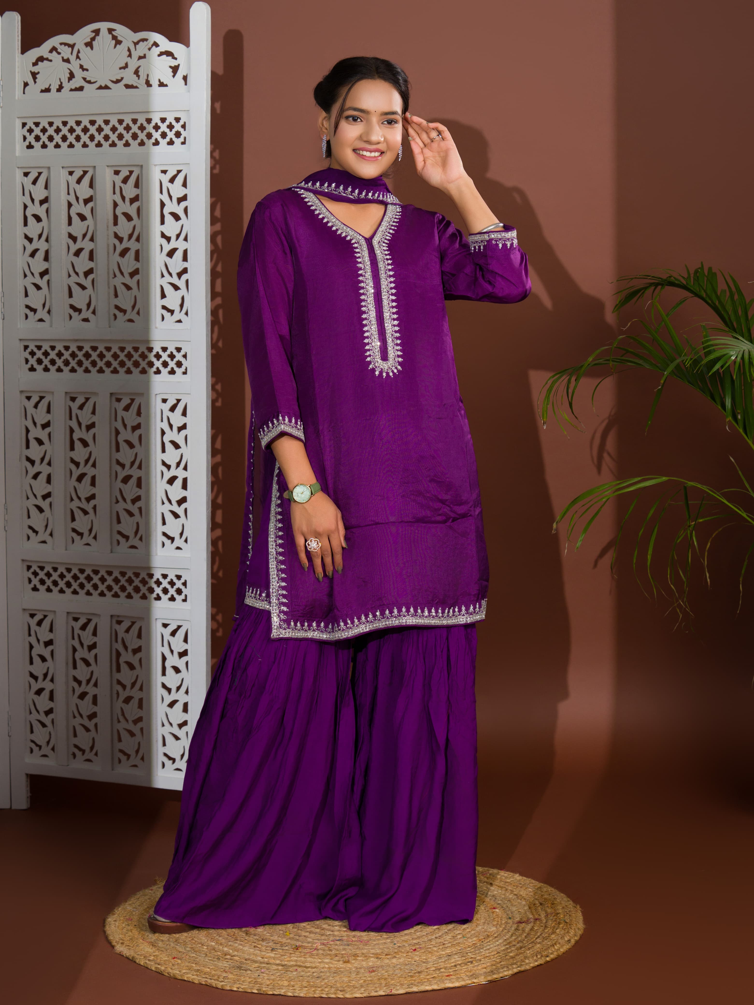 KcPc NewCrape silk Sharara With Cutdana work indo western Dress MUL
