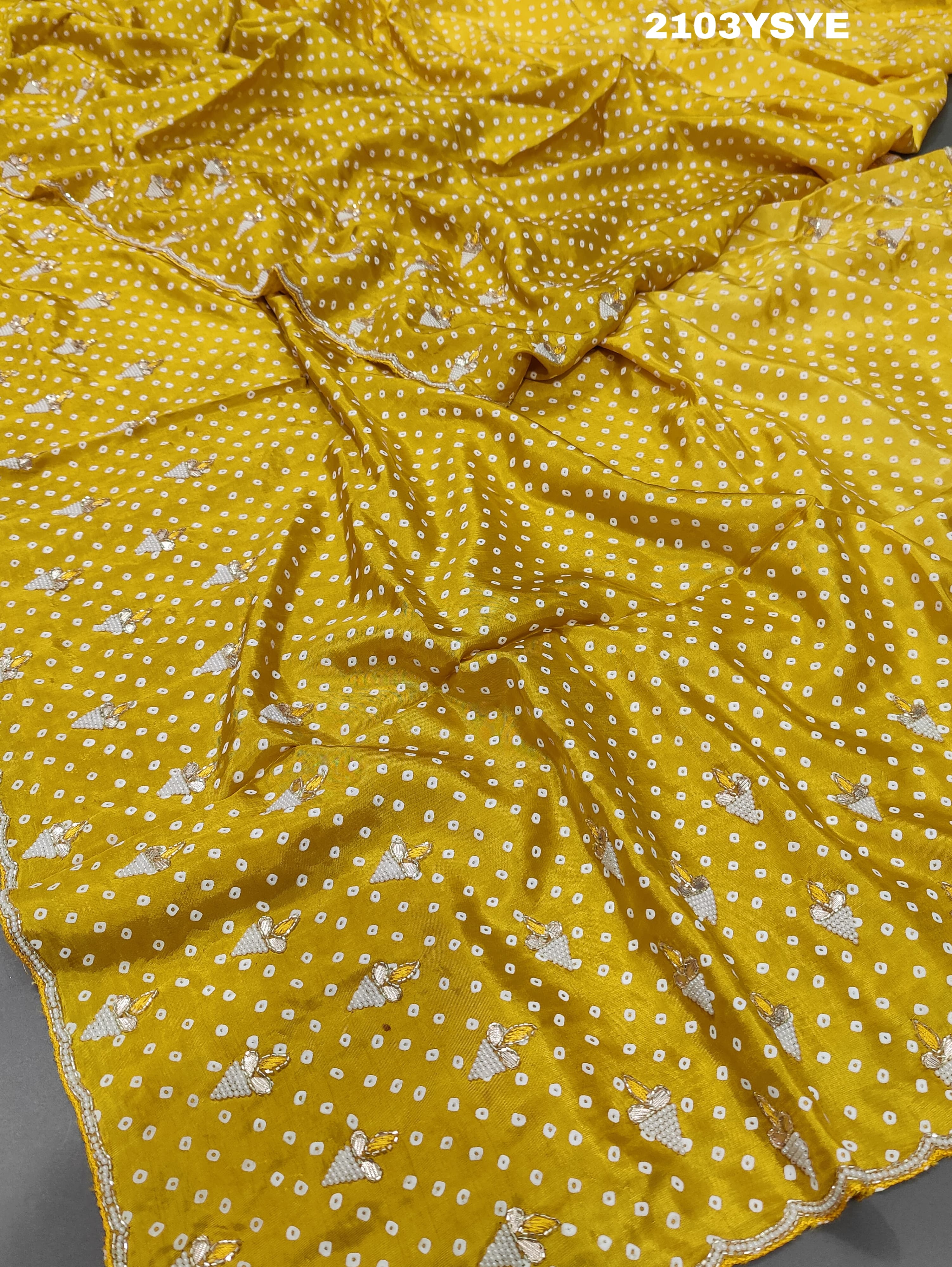 Silk Bandhani With Pearl Gotapatti Work Sareein yellow colour