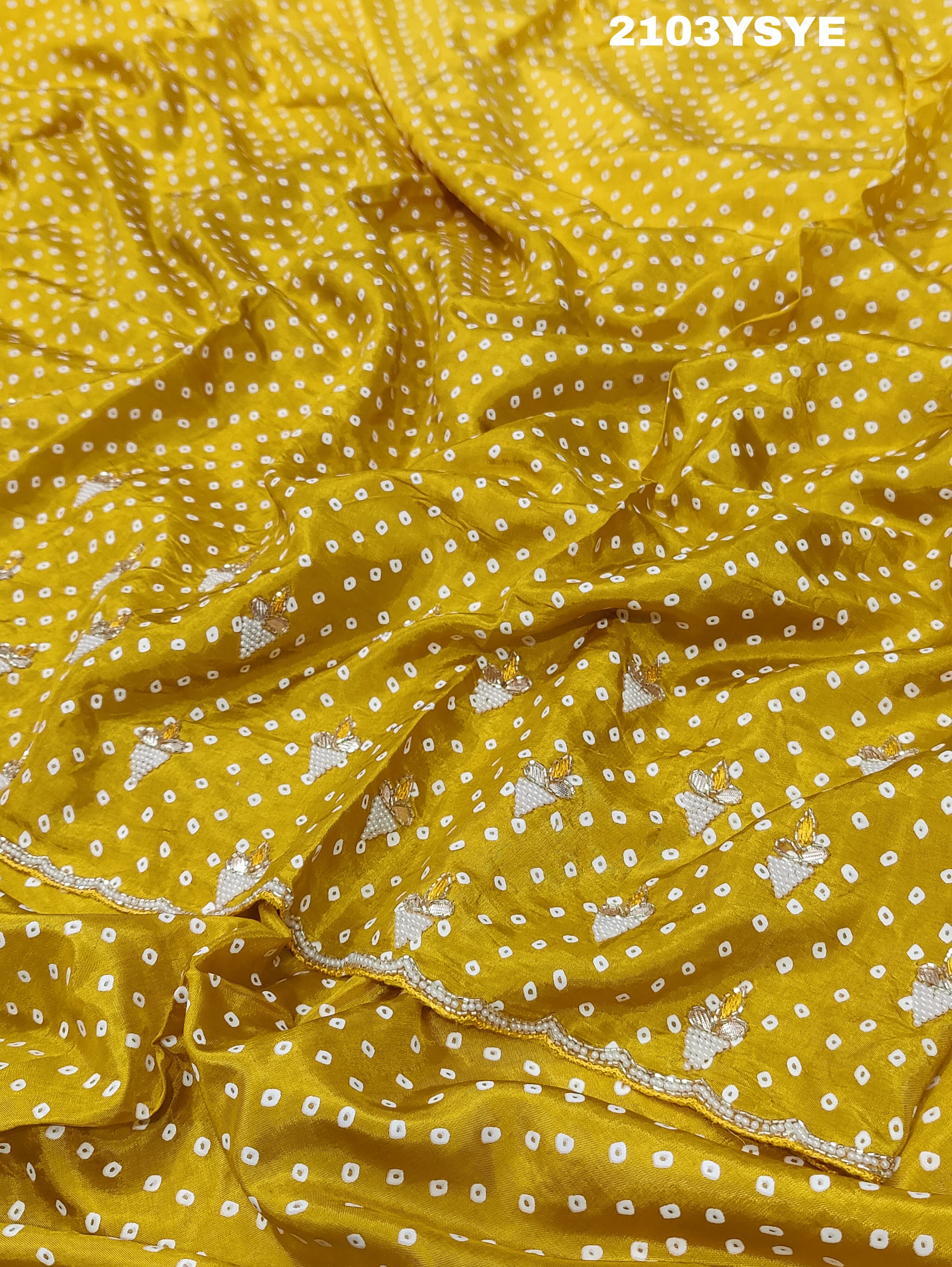 Silk Bandhani With Pearl Gotapatti Work Sareein yellow colour