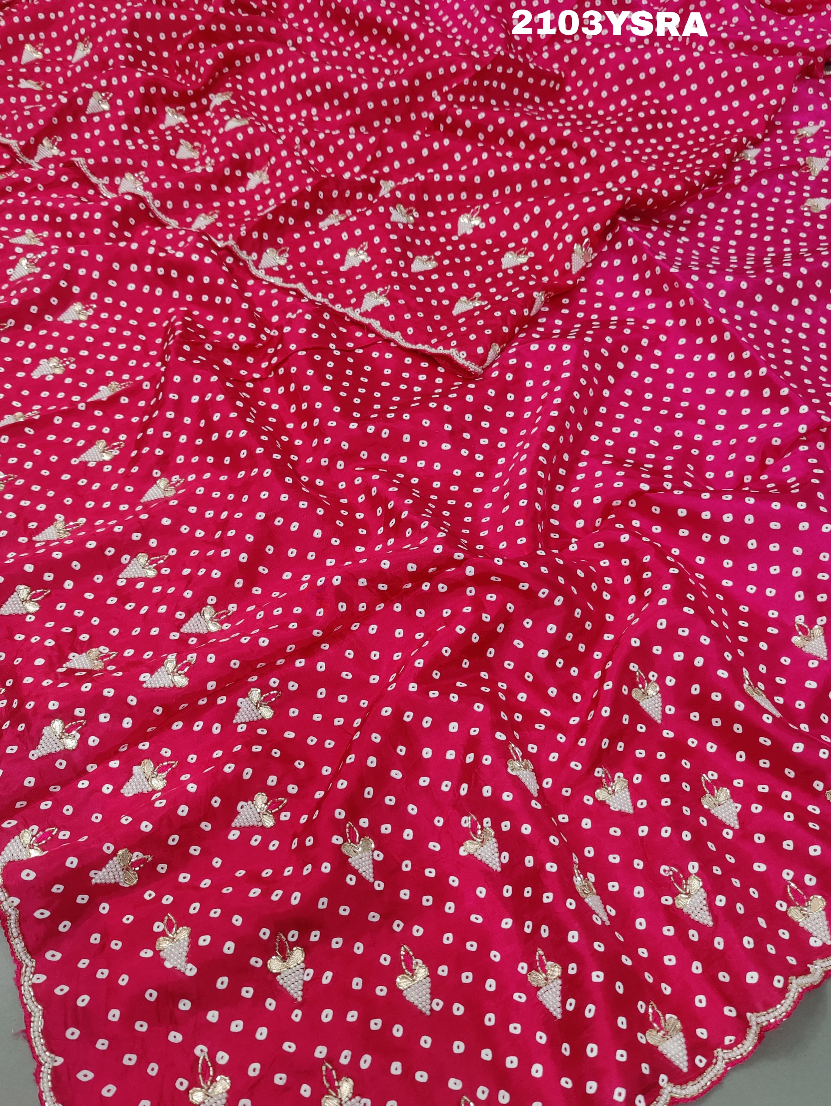  Silk Bandhani With Pearl Gotapatti Work Saree in rani colour