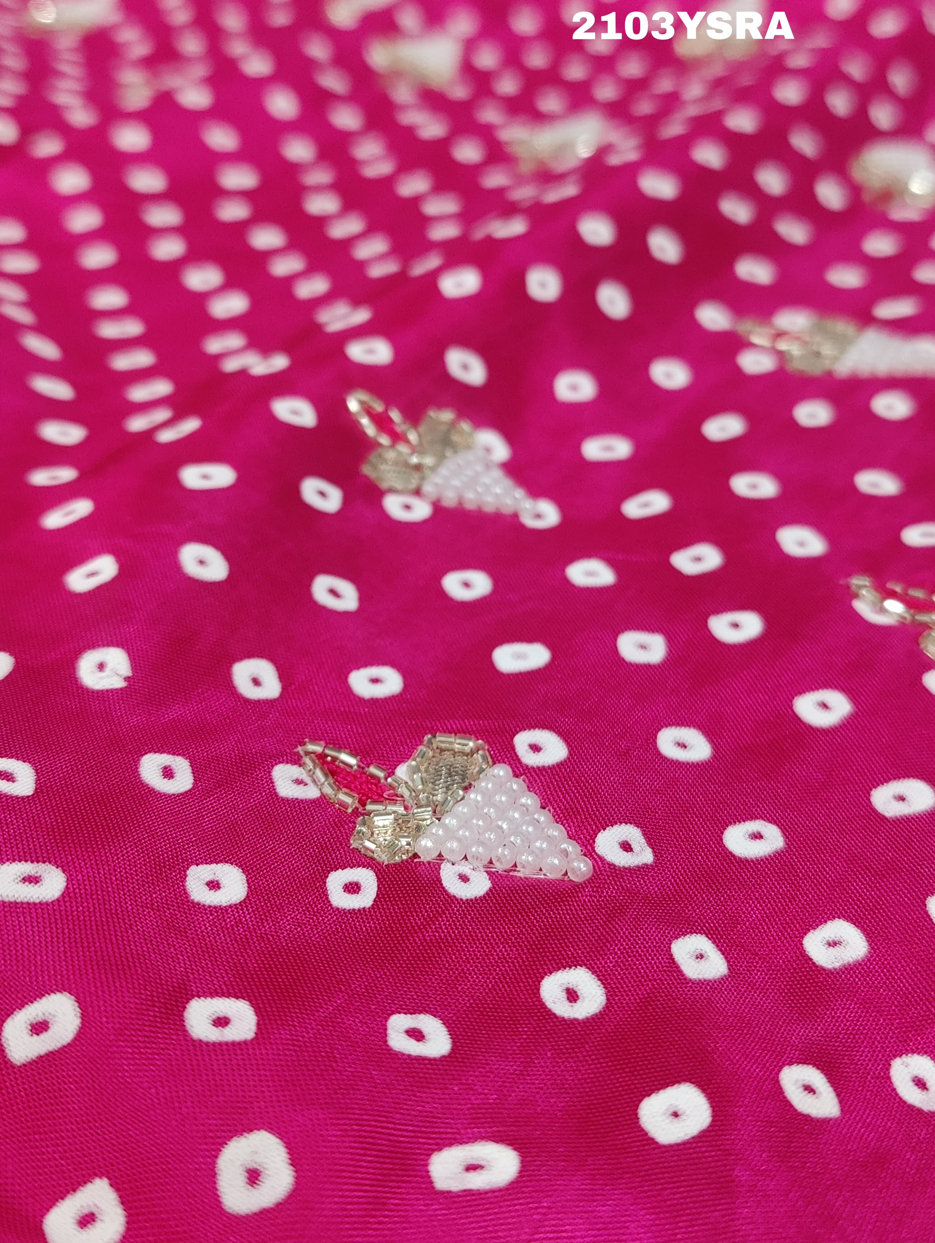  Silk Bandhani With Pearl Gotapatti Work Saree in rani colour