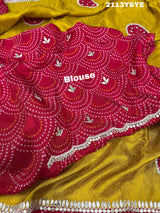 A yellow and red bandhani style dola silk saree with gota patti work
