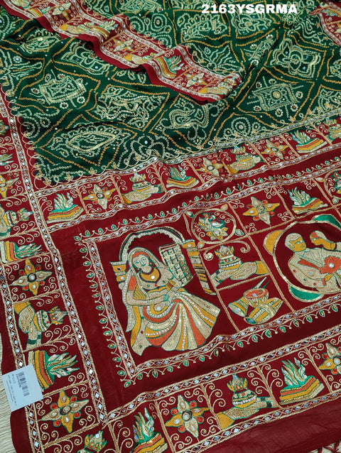 KcPc New Bandhani with Aari & Real Mirror Work Rajwadi Saree CHA