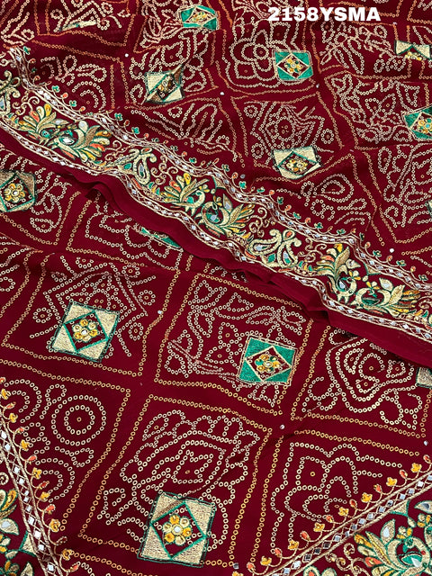 KcPc Beautiful Bandhani with Aari & Real Mirror Work Rajwadi Saree CHA