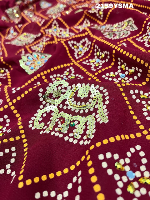 KcPc Royal Maroon Bandhani with Aari & Real Mirror Embroidery Rajwadi Saree CHA