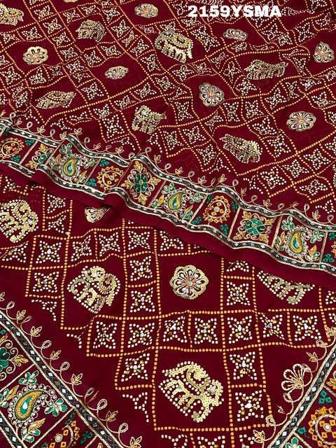 KcPc Royal Maroon Bandhani with Aari & Real Mirror Embroidery Rajwadi Saree CHA