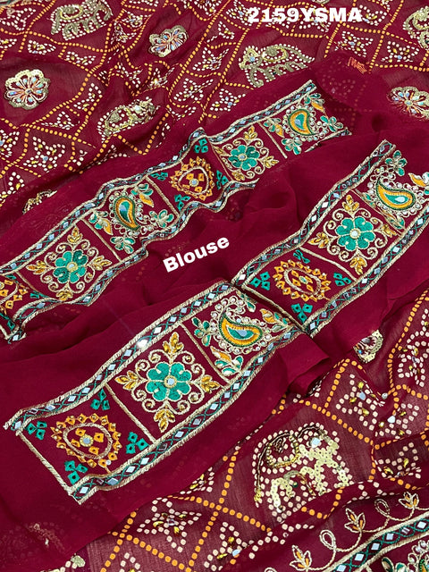 KcPc Royal Maroon Bandhani with Aari & Real Mirror Embroidery Rajwadi Saree CHA