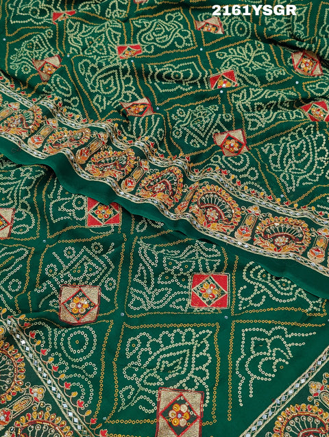 KcPc Latest Green Bandhej with Royal Aari & Real Mirror Work Rajwadi Saree CHA