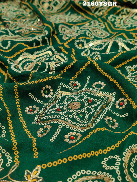 KcPc New Lounch Green Bandhej with Royal Aari & Real Mirror Work Rajwadi Saree CHA