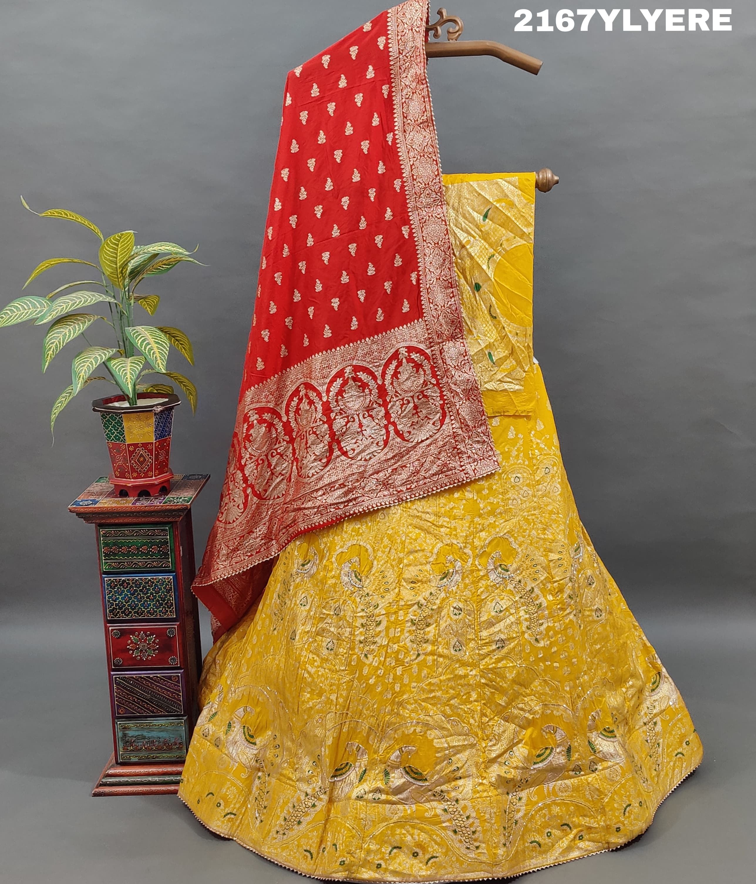 A traditional Indian lehenga with a Banarasi style