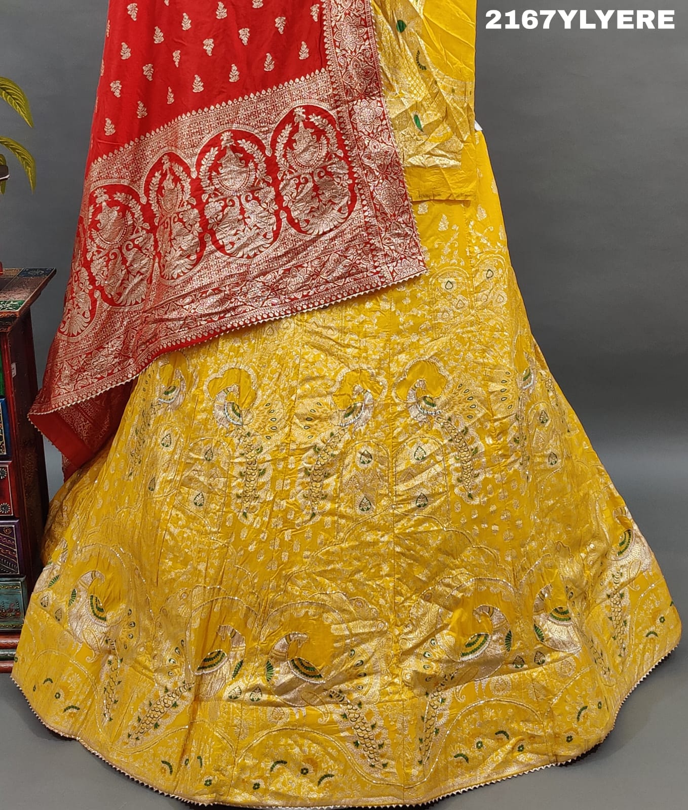 A traditional Indian lehenga with a Banarasi style