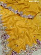Yellow Banarasi silk saree with floral embroidery work 