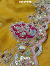 Yellow Banarasi silk saree with floral embroidery work 