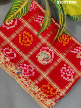 A red and multicolor pure Gaji silk bandhani odhana with zardozi work