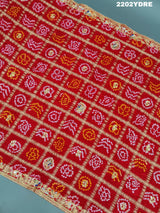 A red and multicolor pure Gaji silk bandhani odhana with zardozi work