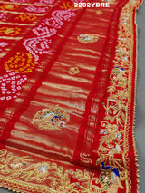 A red and multicolor pure Gaji silk bandhani odhana with zardozi work